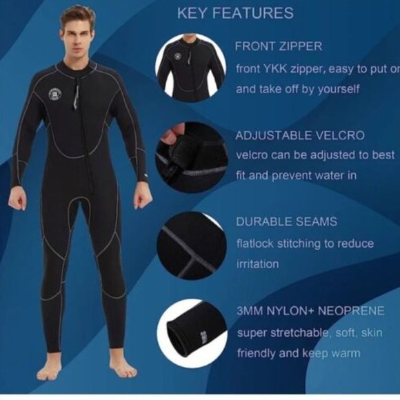 LEMORECN MEN'S FRONT ZIPPER WETSUIT 3MM NEOPRENE SNORKELING FULL BODY SUIT. - Picture 5 of 6